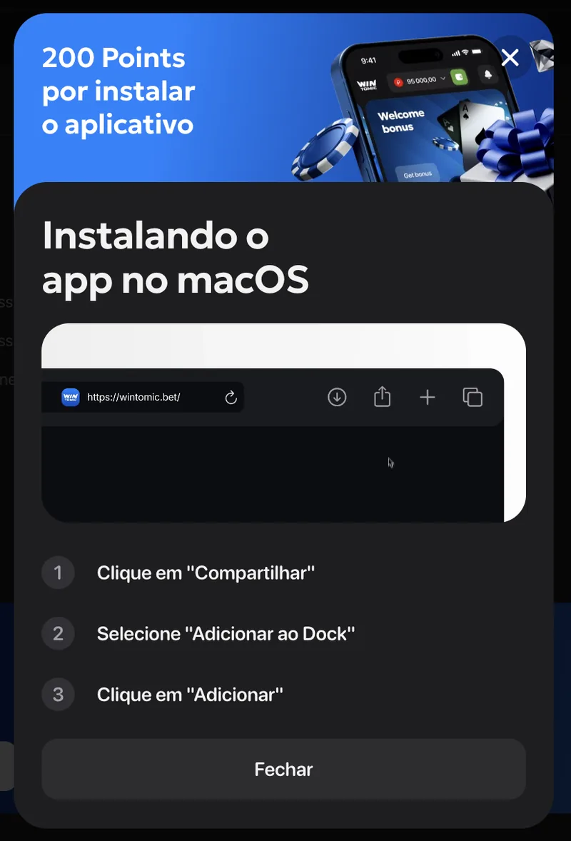 Wintomic app installation steps with 200 points offered for installing