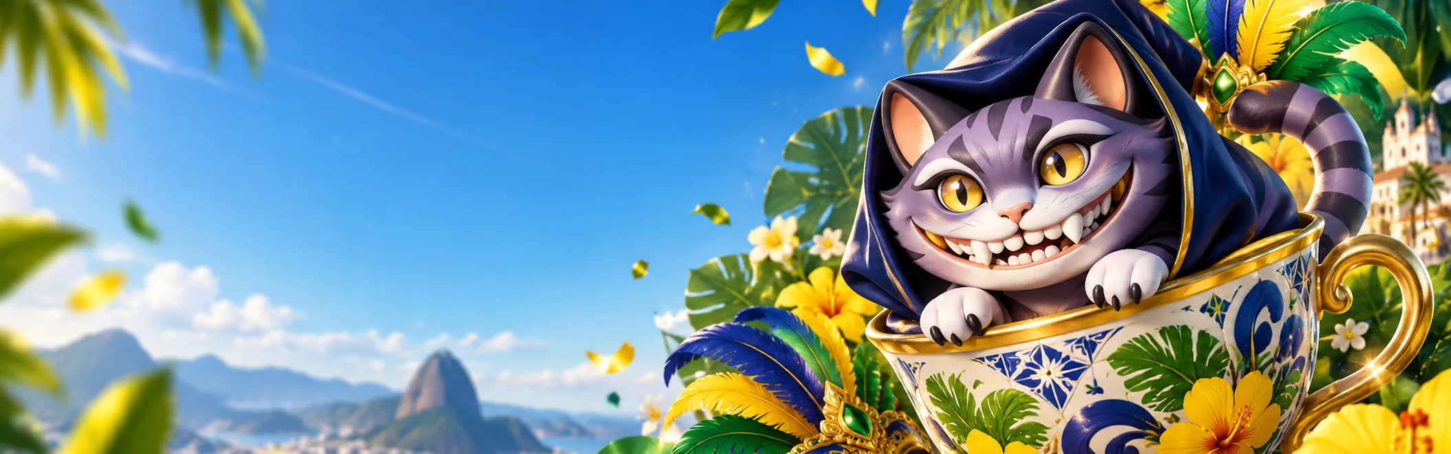 Grinning cat in a porcelain teacup with Brazilian Carnival feathers and a view of Sugarloaf Mountain